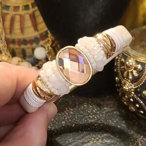 Oval Pink Quartz Solitaire 18K Gold Plated Leather Bracelet